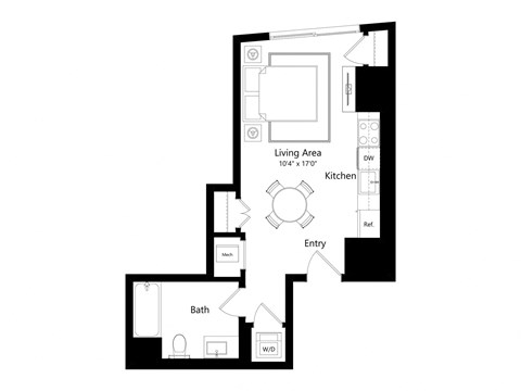 a floor plan of a unit with a living area, kitchen, and bathroom.